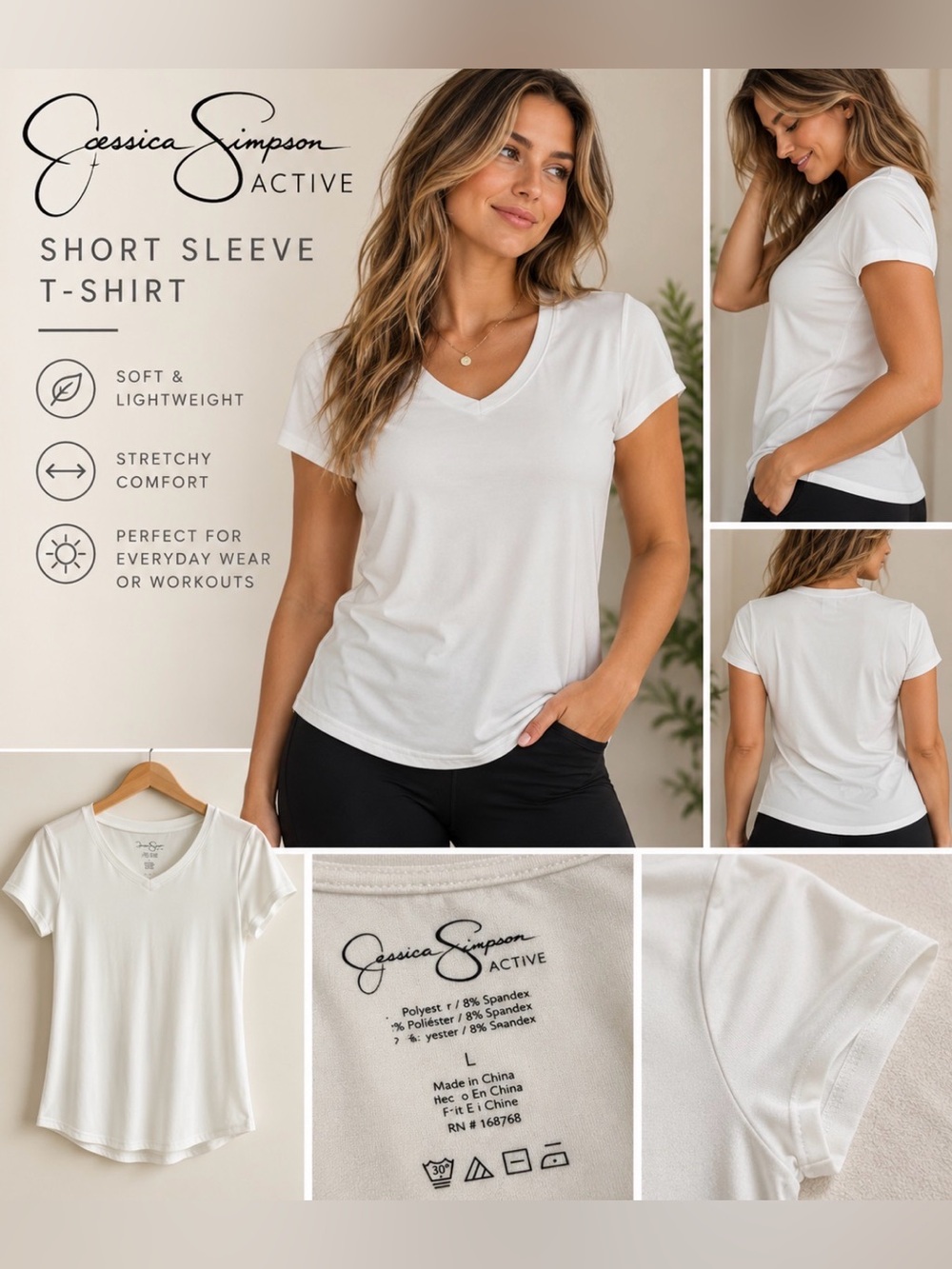 Jessica Simpson White Short Sleeve V-Neck Active Tee